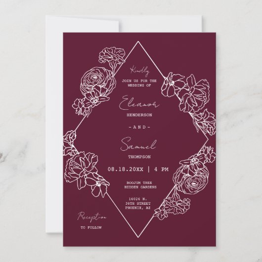 Invitation Ligne Botanique Bourgogne Art Boho QR Code Photo (Devant)