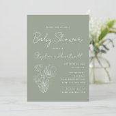 Invitation Ligne Botanique Moderne Baby shower Vert Sage Art (Debout devant)