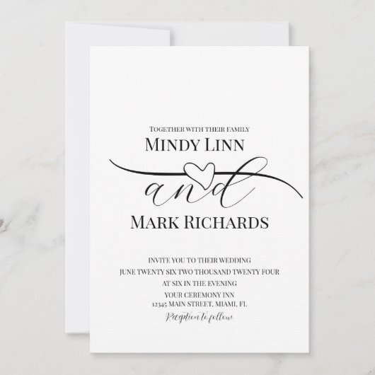 Invitation Ligne de cœur romantique Script noir vert Mariage (Devant)