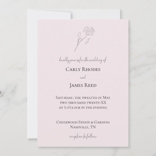Invitation Ligne de Fleur rose clair Mariage de monogramme (Devant)