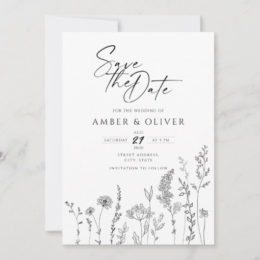 Invitation Ligne De Fleur sauvage Simple Art Enregistrer La D (Devant)