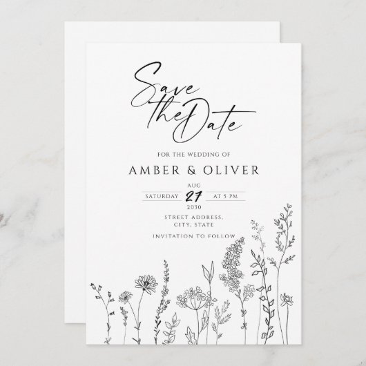 Invitation Ligne De Fleur sauvage Simple Art Enregistrer La D (Devant / Derrière)