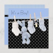 Invitation Ligne de Vêtements Bleu Noir Baby Boy Douche (Devant / Derrière)
