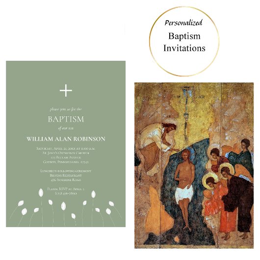 Invitation Ligne Dessin Fleurs blanches Baptême orthodoxe