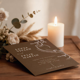 Invitation Ligne Élégante Fleurs Lin Marron Expresso Mariage