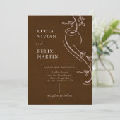 Invitation Ligne élégante Lin Floral Espresso Mariage Brown (Debout devant)