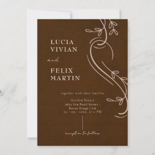Invitation Ligne élégante Lin Floral Espresso Mariage Brown
