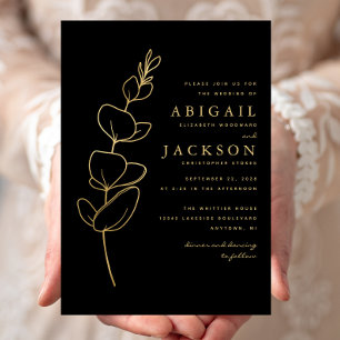 Invitation Ligne Eucalyptus minimale dessin Mariage d'or noir