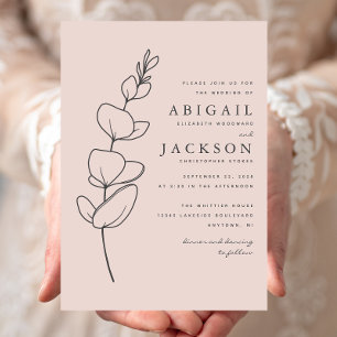 Invitation Ligne Eucalyptus simple Dessin Mariage rose