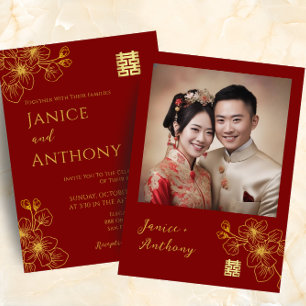 Invitation Ligne florale couple photo de mariage chinois roug
