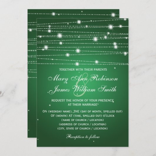 Invitation Lignes de scintillement vert vert de mariage (Devant / Derrière)