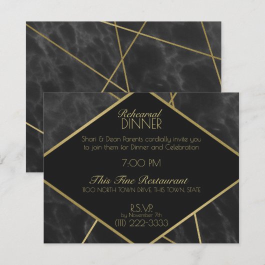Invitation Lignes d'or géométrique et dîner de répétition de  (Devant / Derrière)