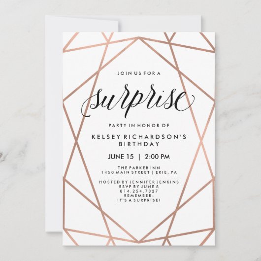 Invitation Lignes géométriques de Faux Rose Gold| Surprise (Devant)