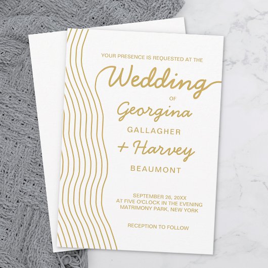 Invitation Lignes mariages Gold White Wavy Élégantes minimali