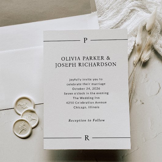 Invitation Lignes modernes et Monogramme Mariage noir et blan