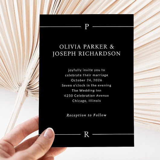 Invitation Lignes modernes et monogramme | Mariage noir foncé