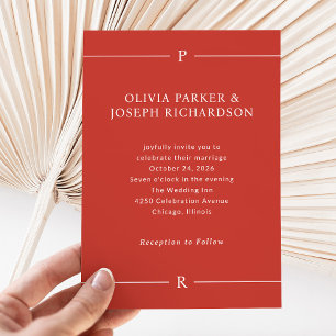 Invitation Lignes modernes et monogramme   Mariage rouge pavo