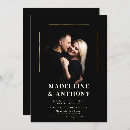 Invitation Lignes or Elegant Moderne Simple Mariage photo (Devant / Derrière)