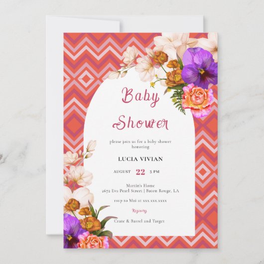 Invitation Lignes rétro Floral Magenta Fuchsia Baby shower (Devant)