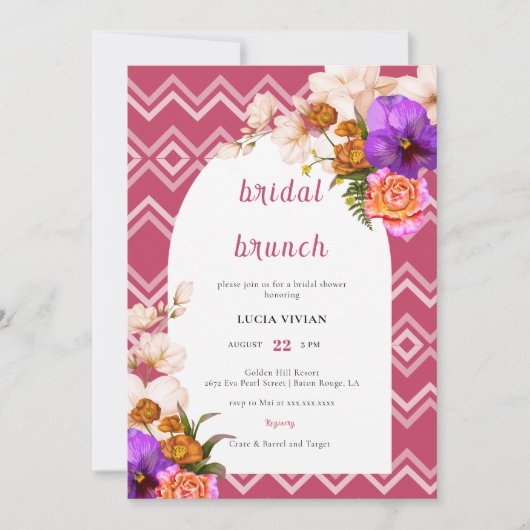 Invitation Lignes rétro Floral Magenta Fuchsia Bridal Brunch (Devant)