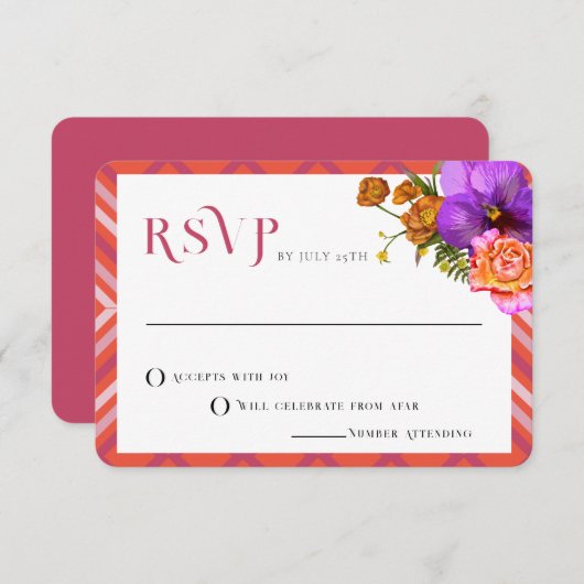 Invitation Lignes rétro Floral Magenta Fuchsia Mariage RSVP (Devant / Derrière)