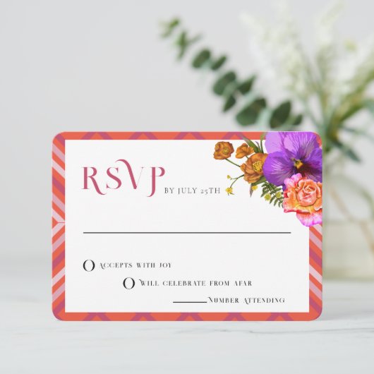 Invitation Lignes rétro Floral Magenta Fuchsia Mariage RSVP (Debout devant)