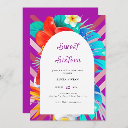 Invitation Lignes rétro Tropical Magenta Fuchsia Sweet sixtee (Devant / Derrière)