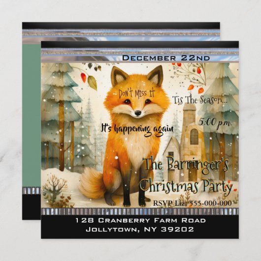 Invitation Lil Fox assis à la fête de Noël de neige (Devant / Derrière)