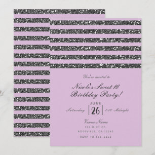 Invitation Lila Lavande Violet Paillettes Argent Rayures Fête