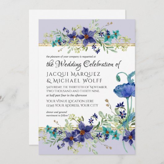 Invitation Lilac Aqua Blue Aquarelle Poppy Floral Mariage (Devant / Derrière)