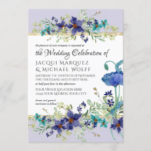Invitation Lilac Aqua Blue Aquarelle Poppy Floral Mariage