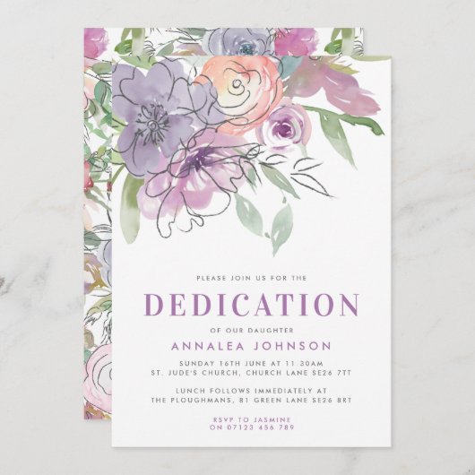 Invitation Lilac Aquarelle Fleurs Bébé Dédication (Devant / Derrière)