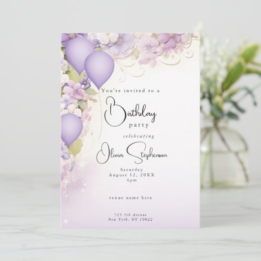 Invitation Lilac Ballons et fleurs QR Anniversaire (Debout devant)