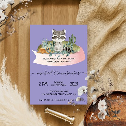 Invitation Lilac Boho Animal Raccoon Baby shower tropical