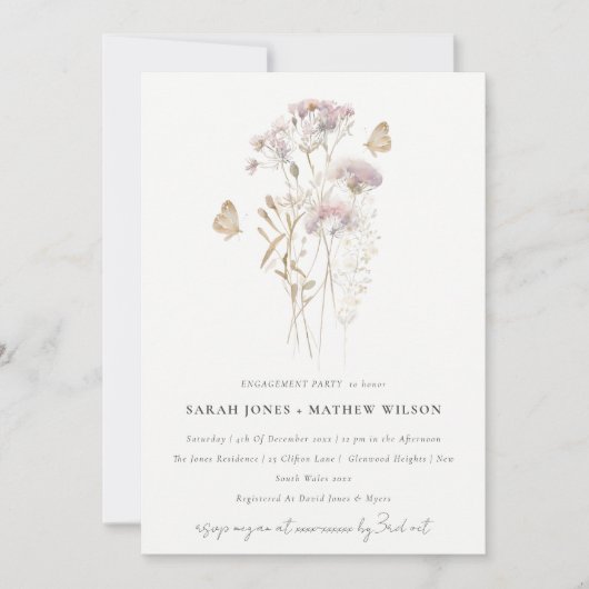 Invitation Lilac Boho Fleur sauvage Fern Fiançailles botaniqu (Devant)