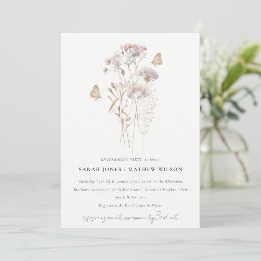 Invitation Lilac Boho Fleur sauvage Fern Fiançailles botaniqu (Debout devant)