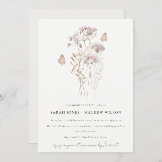 Invitation Lilac Boho Fleur sauvage Fern Fiançailles botaniqu (Devant / Derrière)