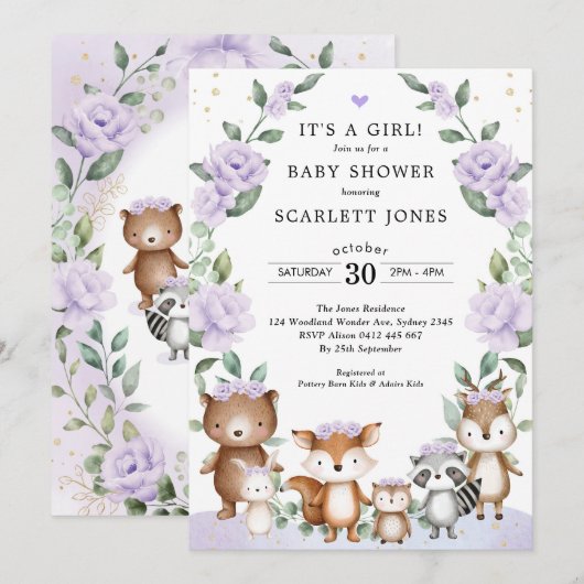 Invitation Lilac Bois Animaux Baby shower de germes floraux (Devant / Derrière)