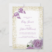 Invitation Lilac Bow & Roses, Gold Parties scintillant Baby s (Devant)