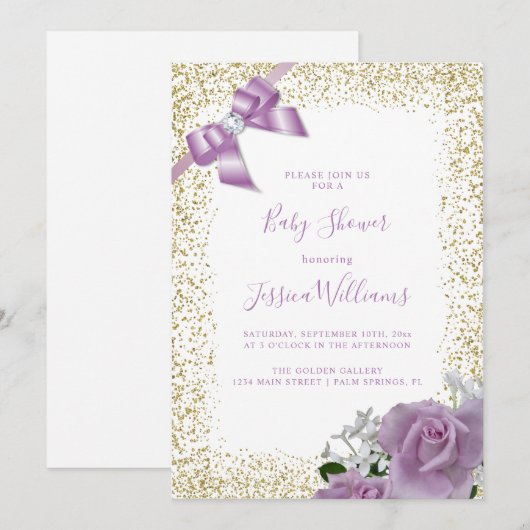 Invitation Lilac Bow & Roses, Gold Parties scintillant Baby s (Devant / Derrière)