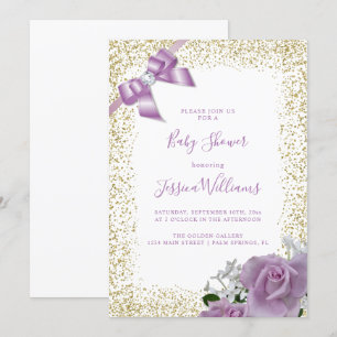 Invitation Lilac Bow & Roses, Gold Parties scintillant Baby s