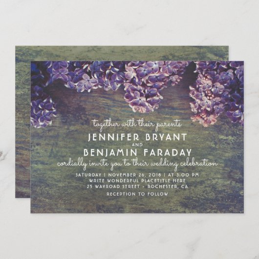 Invitation Lilac Branches en fleurs Mariage en bois rustique (Devant / Derrière)