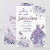 Invitation Lilac Butterfly jardin fleuri tiara Quinceañera (Devant / Derrière)