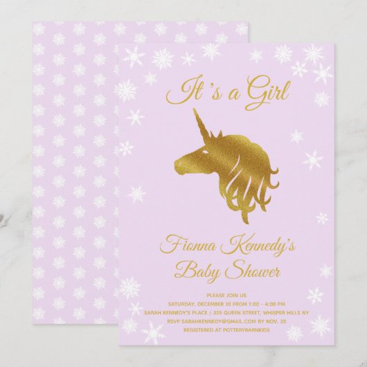 Invitation Lilac C'est un Baby shower d'hiver de fille Unicor (Devant / Derrière)