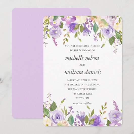 Invitation Lilac | Chic Lavender Aquarelle Mariage Floral (Devant / Derrière)