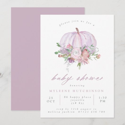 Invitation Lilac Citrouille et Baby shower Fleurs (Devant / Derrière)
