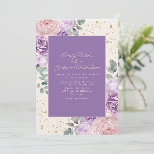 Invitation Lilac Crème rose Floral Parties scintillant or Mar (Debout devant)