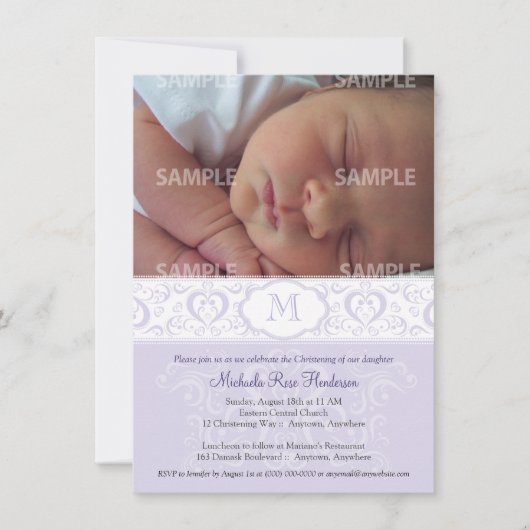Invitation Lilac Damask Monogramme Baptême/Christening (Devant)