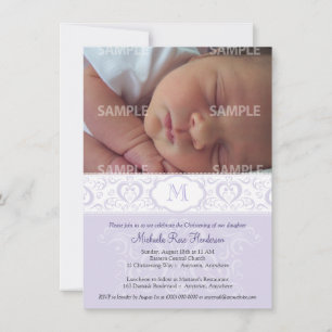 Invitation Lilac Damask Monogramme Baptême/Christening