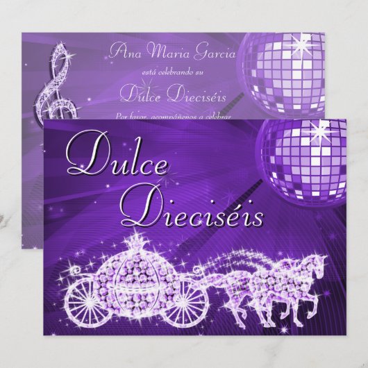 Invitation Lilac Disco Ball, Princess Coach & Horses Sweet 16 (Devant / Derrière)